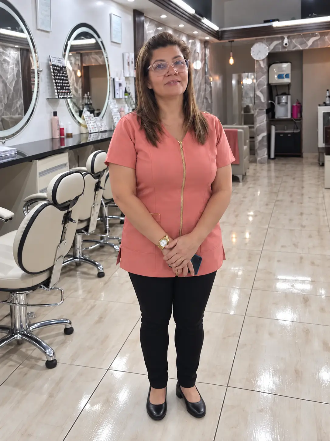 Ivanilde de frente com o fardamento rosé da equipe Você Mais Bela